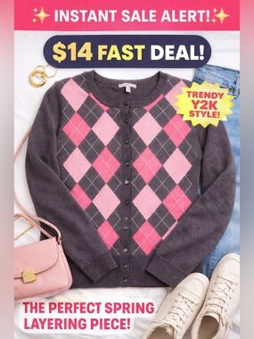 Pink Argyle Cardigan Sweater – Soft Cozy Preppy Y2K Vibes